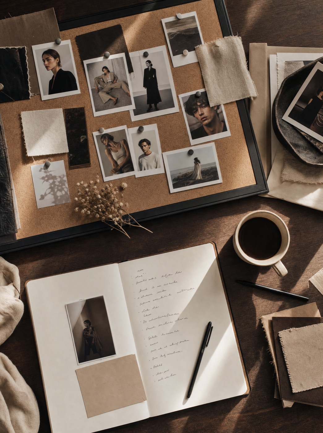 Boutique agency mood board and campaign planning desk